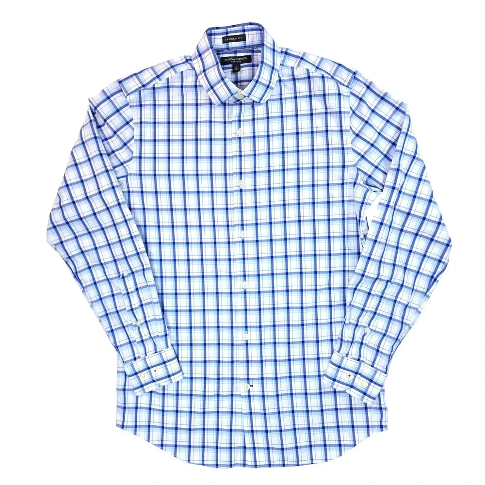 Banana Republic Mens Camden Fit Non-Iron Plaid Dress Shirt Blue White Small